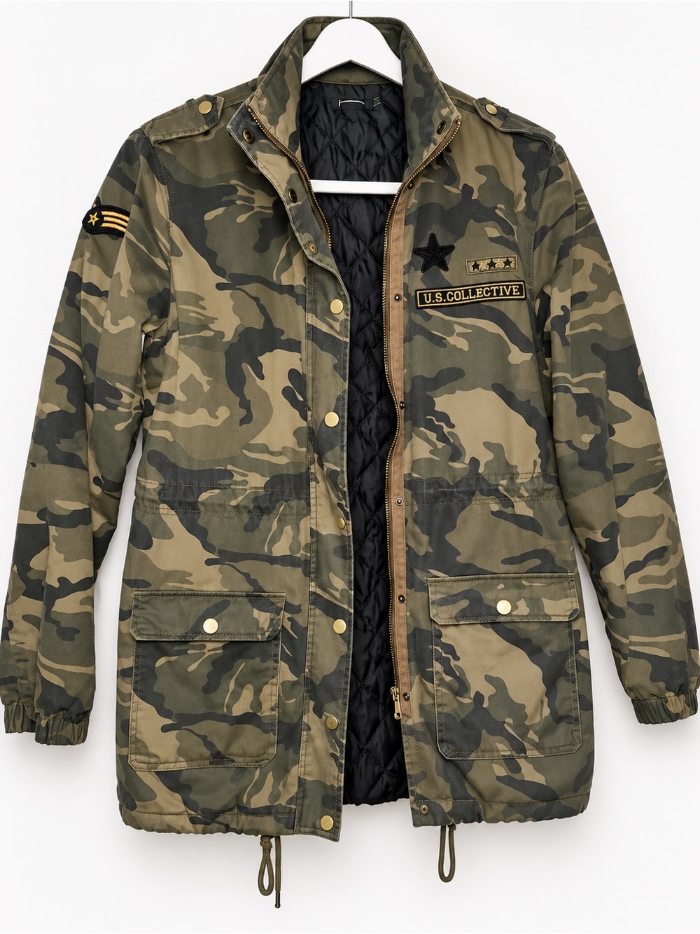 Stradivarius Camo Military Parka Jacket Patches Quilted Lining Size L
